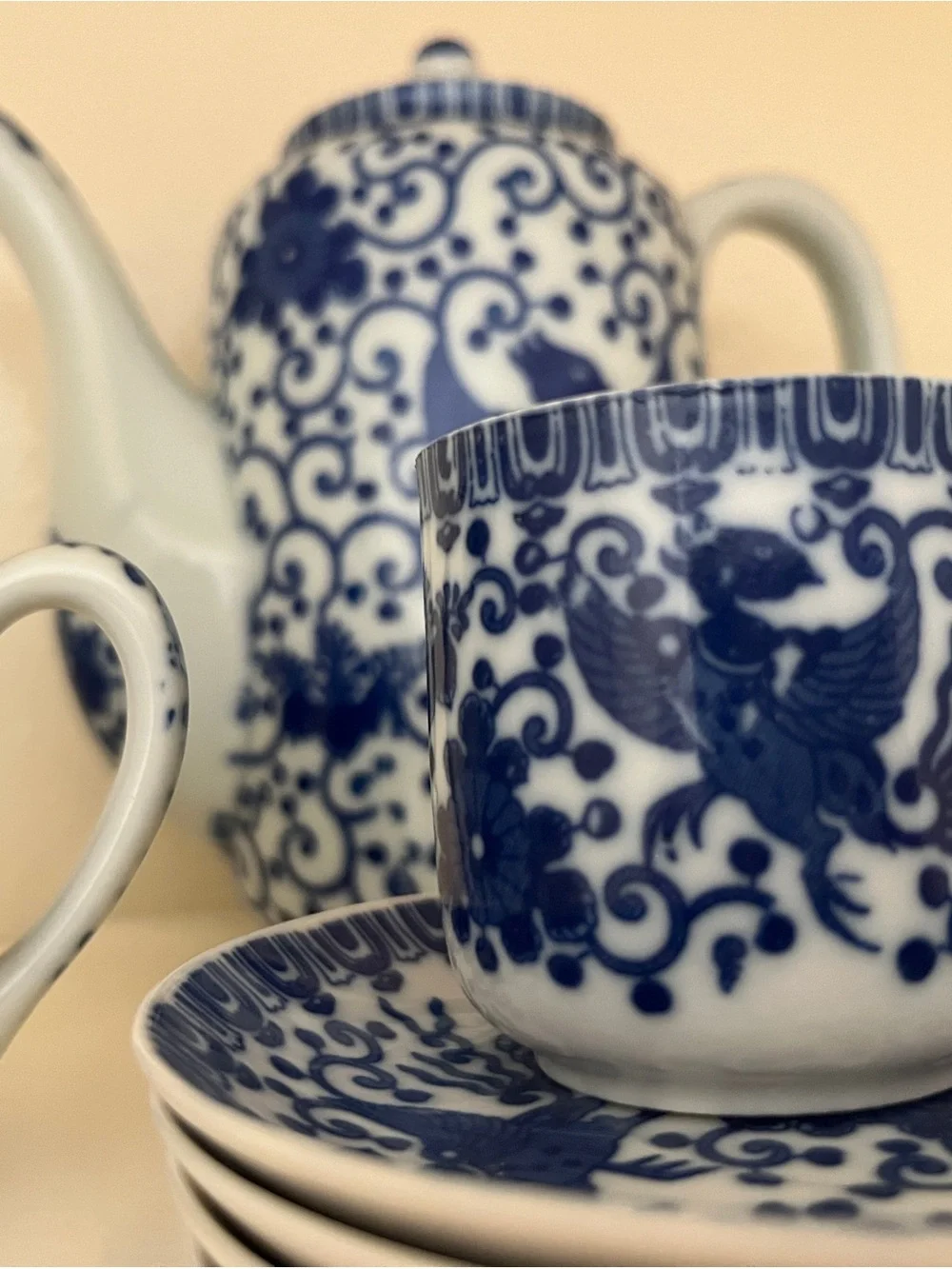 Vintage Blue & White Porcelain Phoenix Tea Set - Made in Japan (12pc)